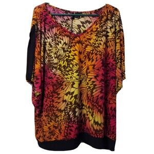 New Directions Woman Colorful Top 3X Short Sleeve Butterfly Stretchy